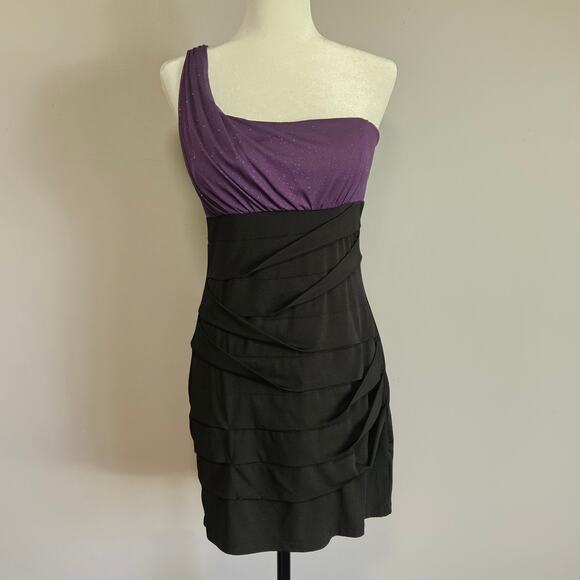 City Triangles Dress Womens L Black Purple Ruched One Shoulder Bodycon Mini - Picture 1 of 12